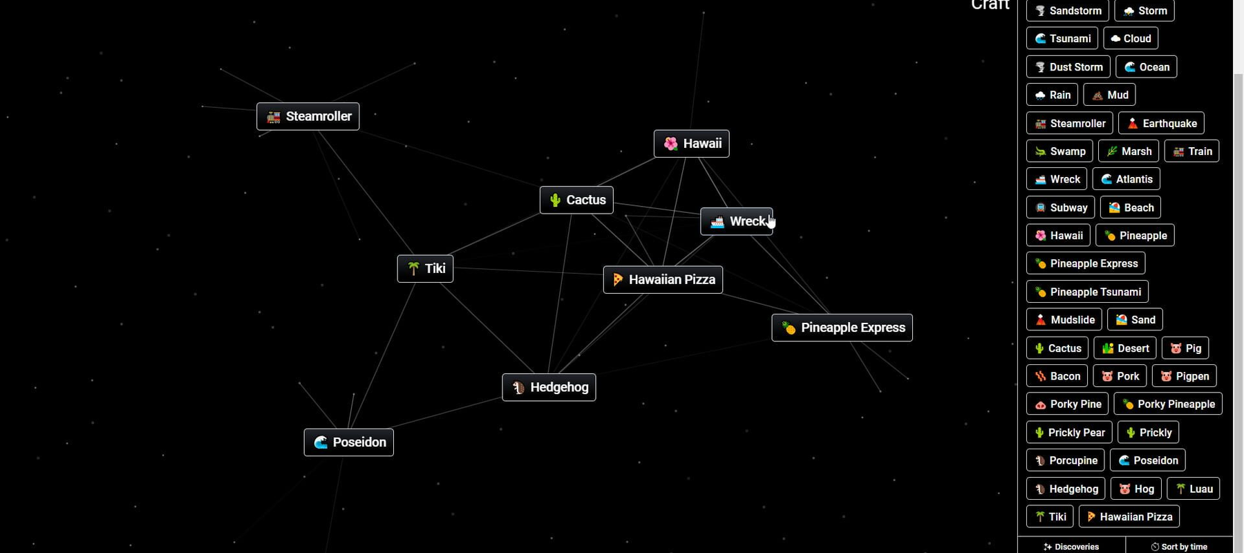 Infinite Craft dark mode interface with the same canvas
