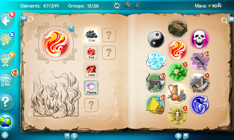 Doodle God interface showing the element grid and combining area