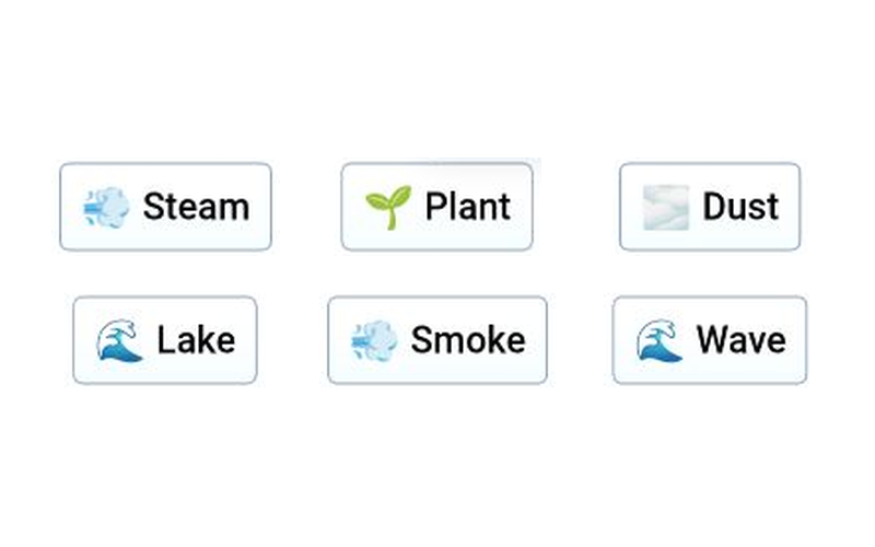 Infinite Craft canvas showing Steam, Plant, Dust, Lake and other first-generation elements