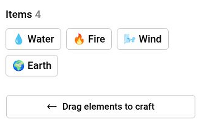 Infinite Craft sidebar showing Water, Fire, Earth and Wind starting elements