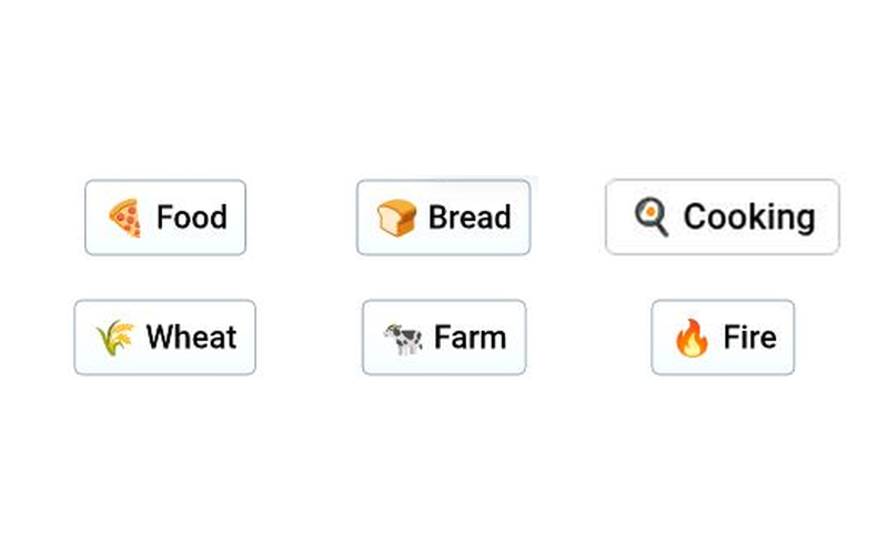 Infinite Craft sidebar showing Food, Bread, Cooking and other basic food elements