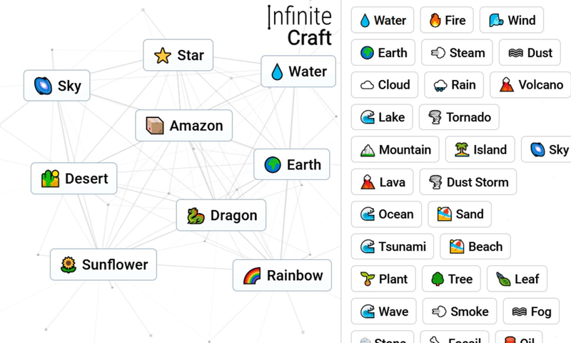 Infinite Craft browser game interface showing the canvas, sidebar and element library