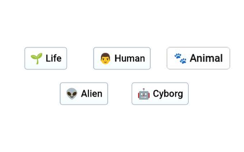 Infinite Craft canvas showing Human, Animal, Alien and Cyborg elements connected to Life