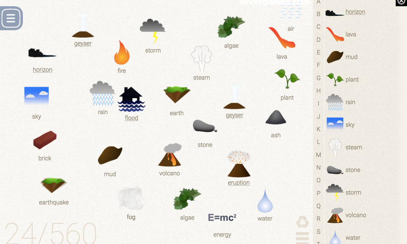 Little Alchemy interface with element sidebar and combining canvas