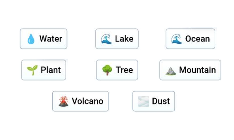Infinite Craft sidebar showing Water, Lake, Ocean, Plant, Tree, Mountain, Volcano and Dust elements
