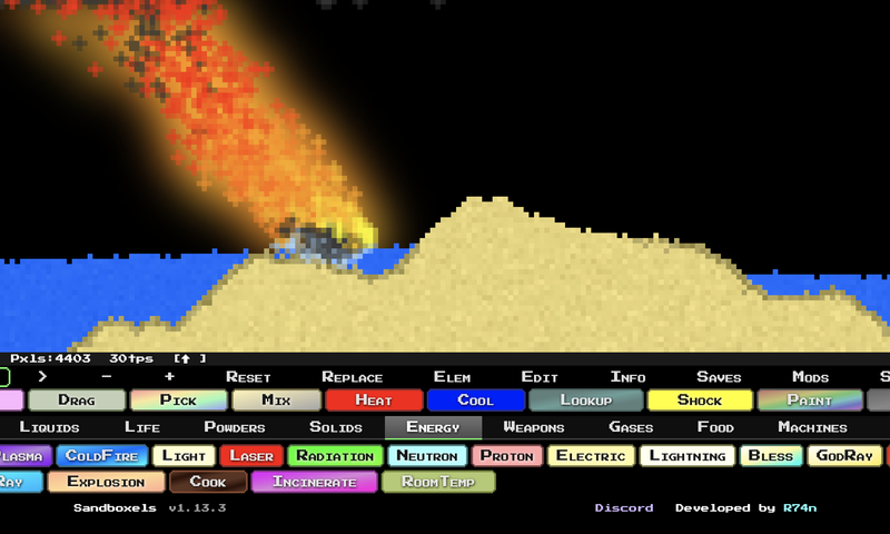 Sandboxels interface showing the element sidebar and pixel canvas