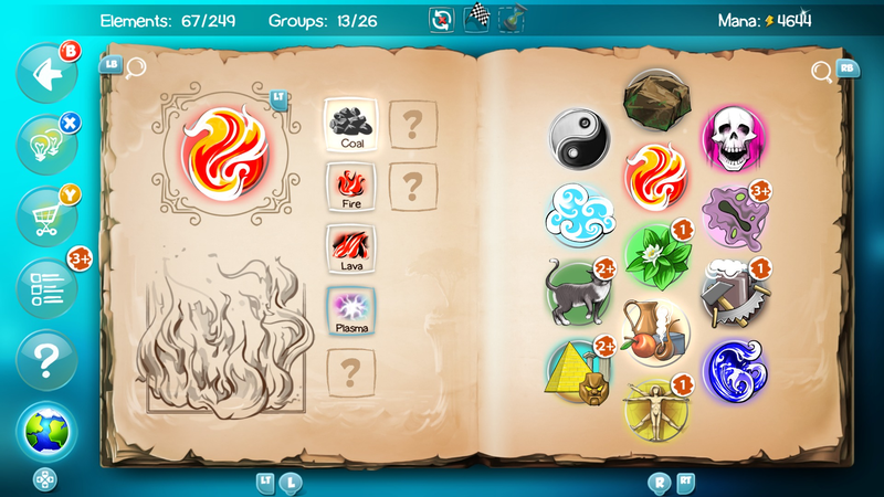 Doodle God interface showing the element grid and combining area