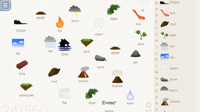 Little Alchemy interface with element sidebar and combining canvas
