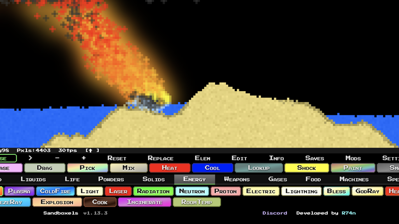 Sandboxels physics simulation with falling elements on a pixel canvas