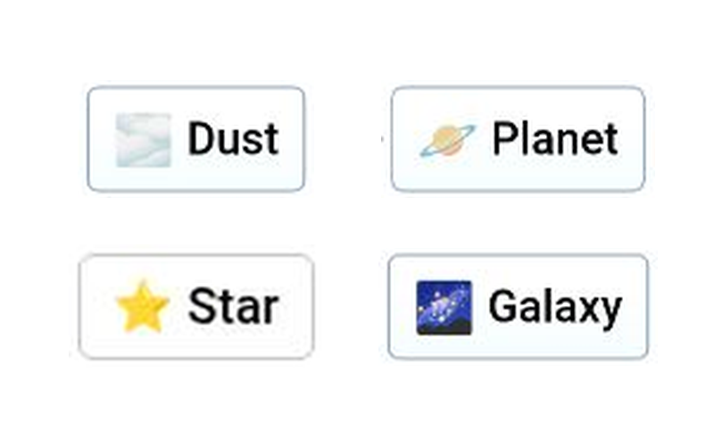 Infinite Craft sidebar showing Dust, Planet, Star and Galaxy elements